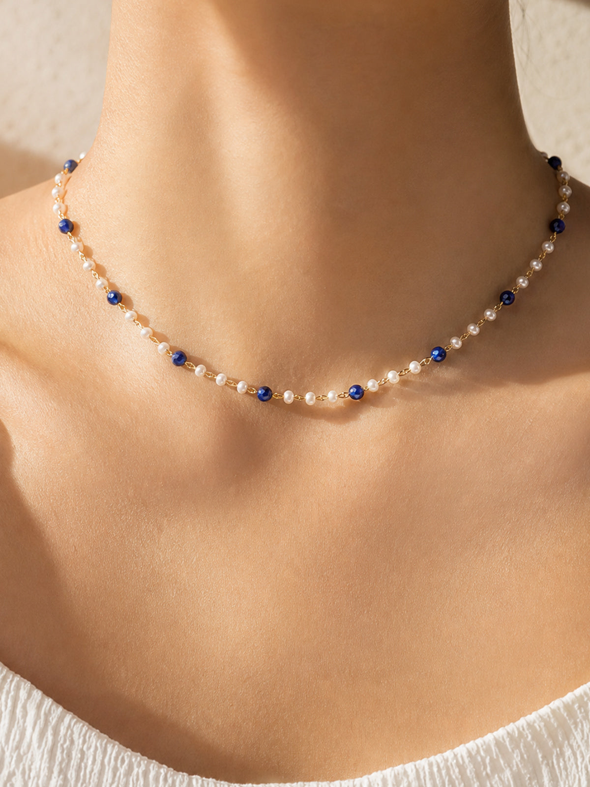 Lapis Lazuli and White Fritillaria Bead Necklace